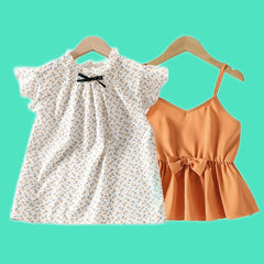 Girls 2pcs Floral Bow Knot Blouse & Cami Top Set Outfit