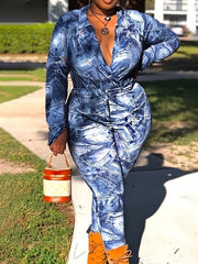 Denim Print Long Sleeve Lapel Collar Jumpsuit