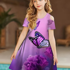 Butterfly Graphic Cold Shoulder Dress for Girls
