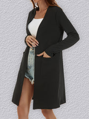 Solid Open Front Jacket Casual Mid Length Long Sleeve Outerwear