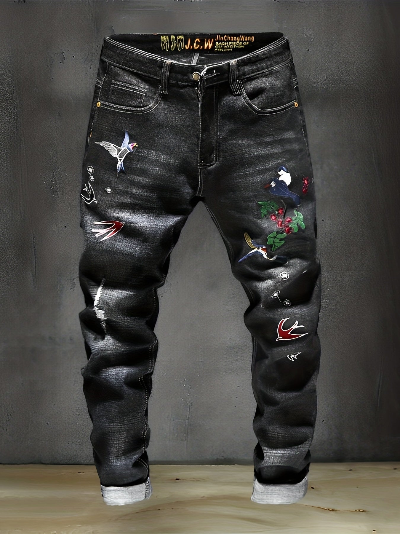 Men's Embroidered Denim Jeans Slim Straight Stretch Pants