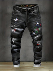 Men's Embroidered Denim Jeans Slim Straight Stretch Pants