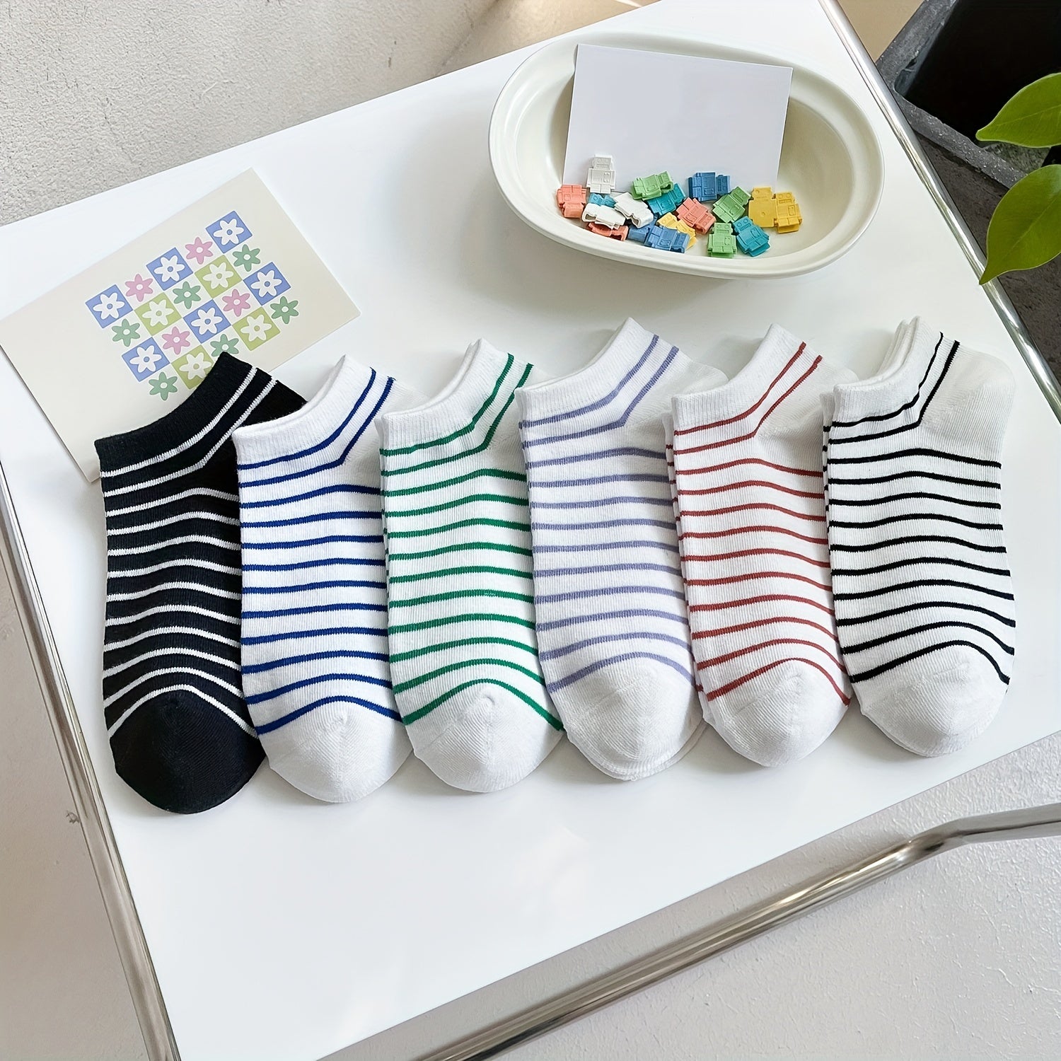 6 Pairs Striped Ankle Socks Women's Short Stockings & Hosiery