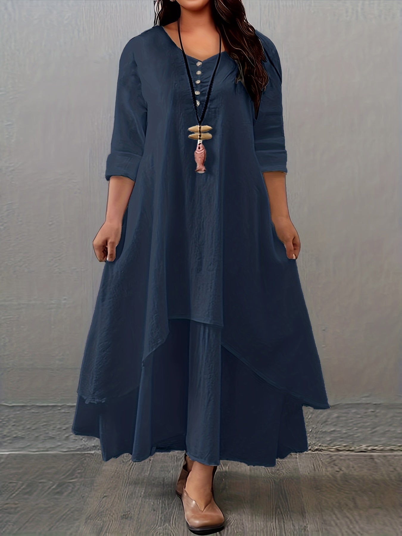 Button Decor Ruched V Neck Maxi Dress