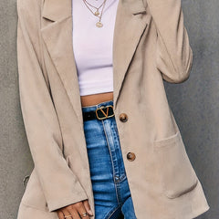 Solid Corduroy Blazer Long Sleeve Button Lapel Collar With Pockets