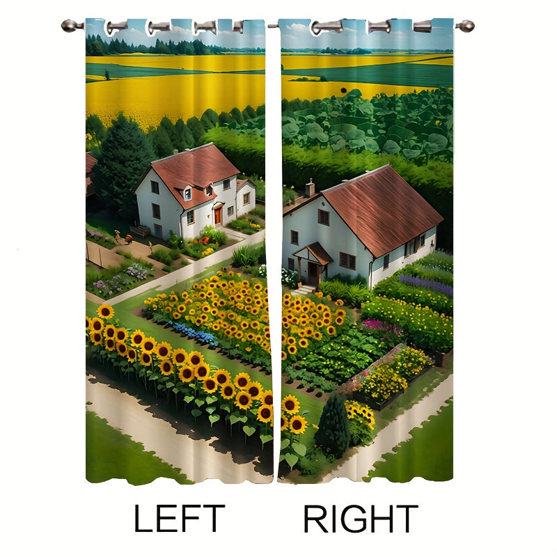 2pcs Cartoon Sunflower Village Curtain - Window Curtain for Outdoor Shelter