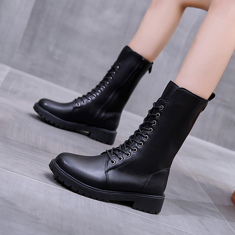 Women's Faux Leather Lace Up Platform Boots Mid Calf Side Zipper Boots