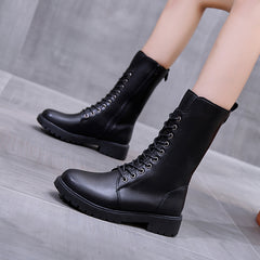 Women's Faux Leather Lace Up Platform Boots Mid Calf Side Zipper Boots