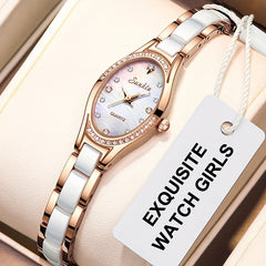 LIGE Girls Watch Ceramic Strap Dazzling Shell Dial 30M Waterproof For Teenagers