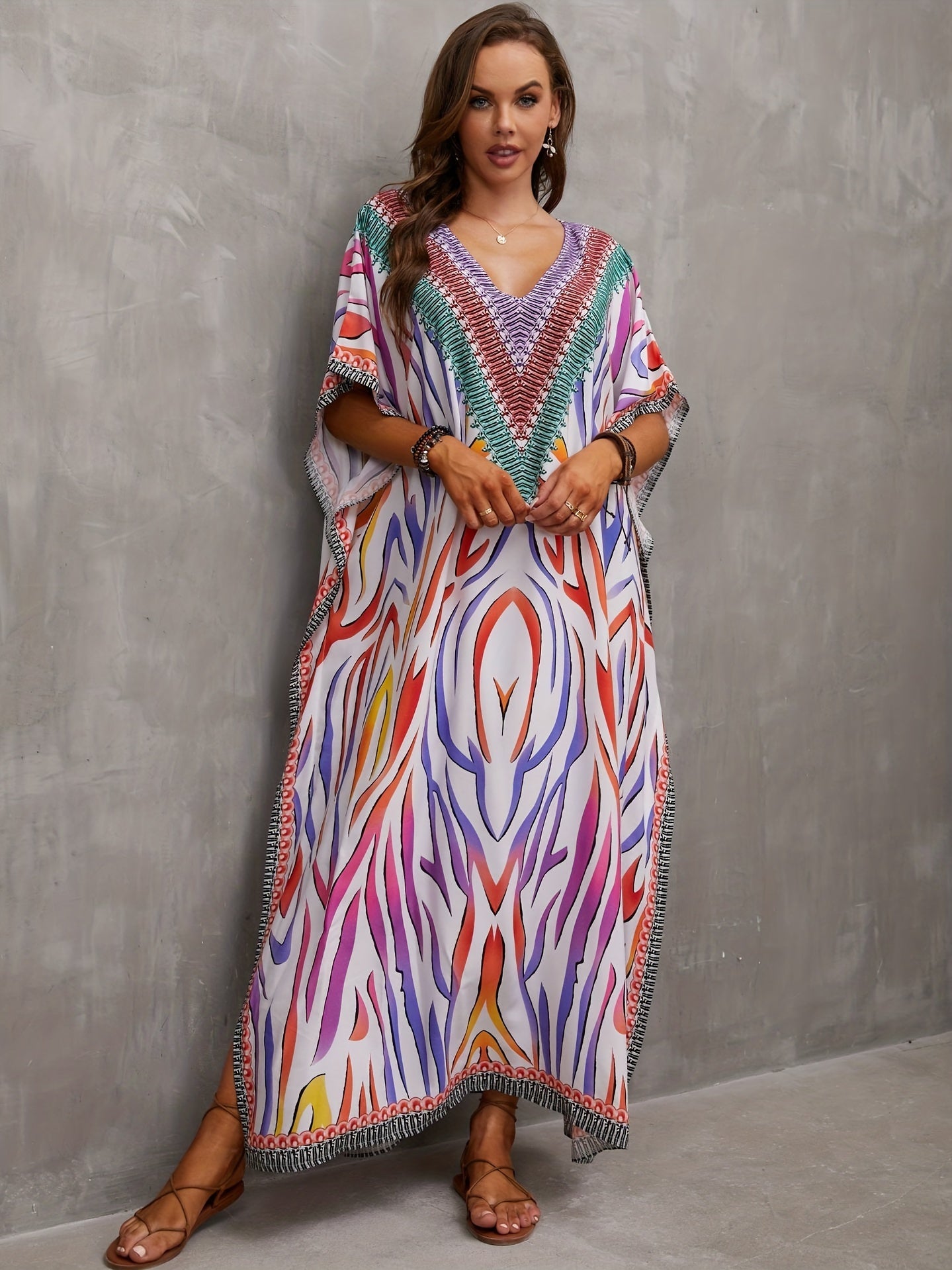 Stripes Floral Geometric Print Kaftan Cover Up Dress V Neck Maxi Boho Bohemian