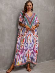 Stripes Floral Geometric Print Kaftan Cover Up Dress V Neck Maxi Boho Bohemian