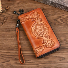 Vintage Floral Print Leather Wallet Women Zippered Clutch Red Brown