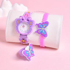 3pcs 3D Cartoon Butterfly Silicone Strap Girls' Watch