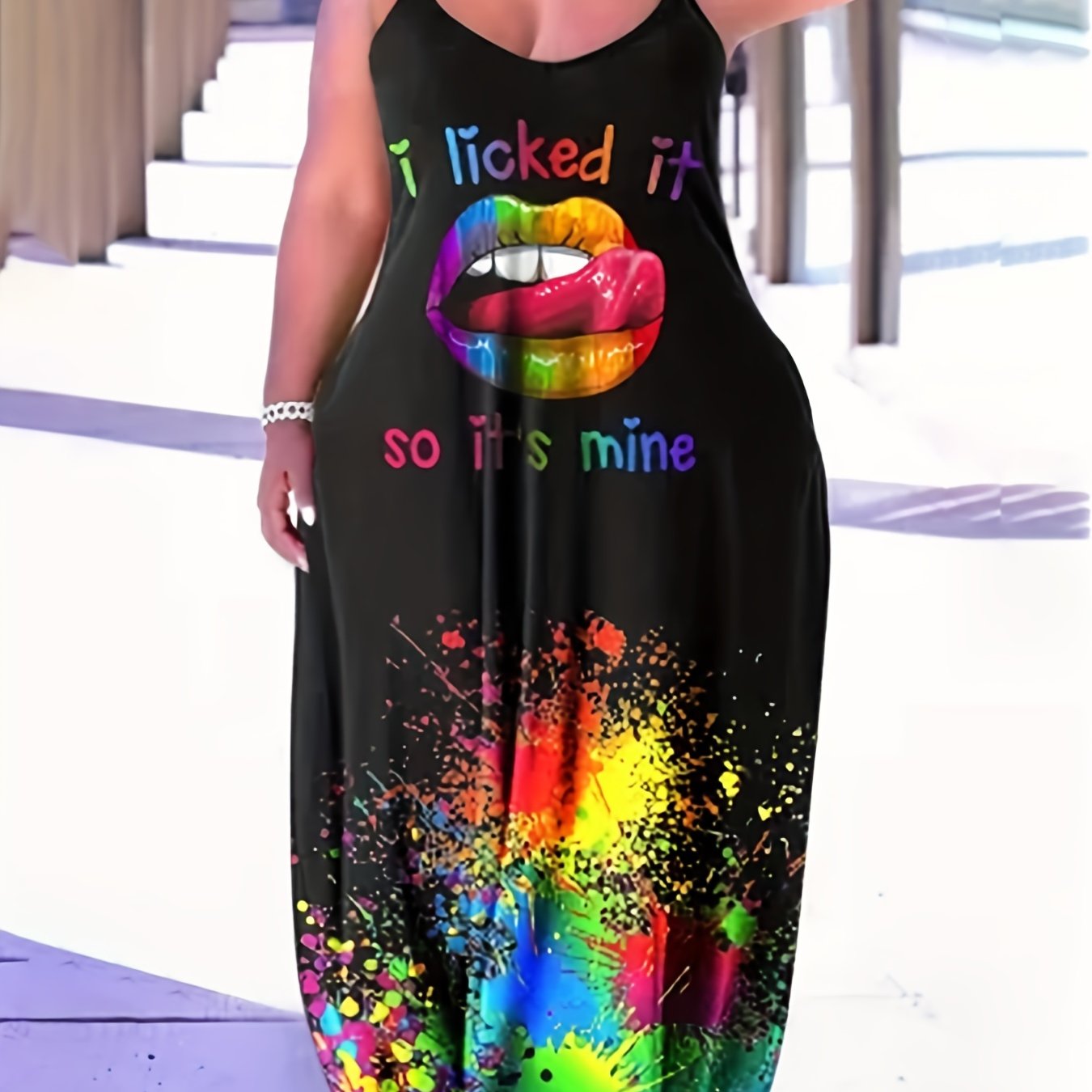 Casual Summer Dress Women's Plus Lip & Splash Print Maxi Cami Dress