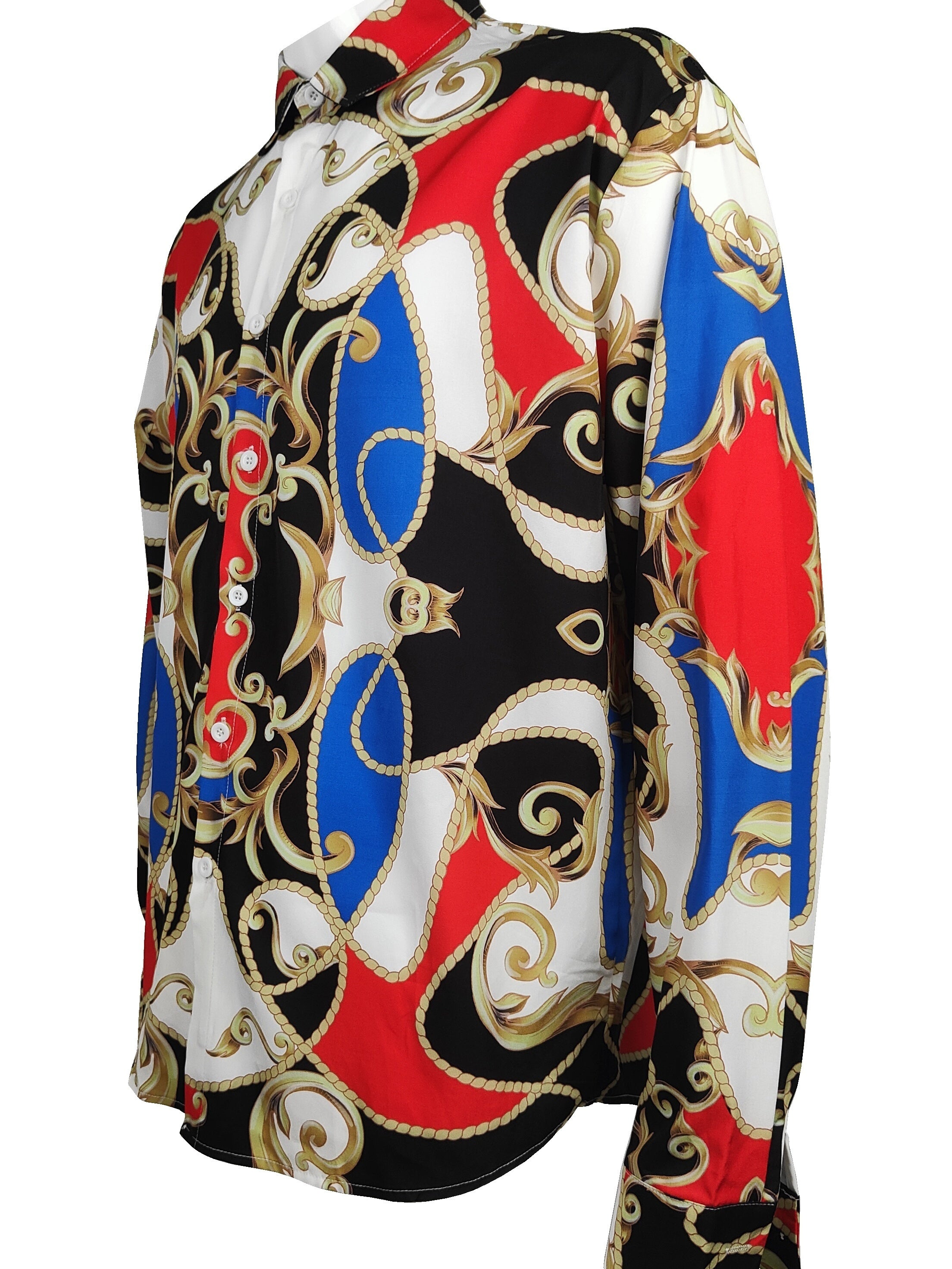 Baroque Style Print Men's Casual Button Up Long Sleeve Shirt