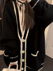 Contrast Trim Button Up Cardigan Loose Sweater