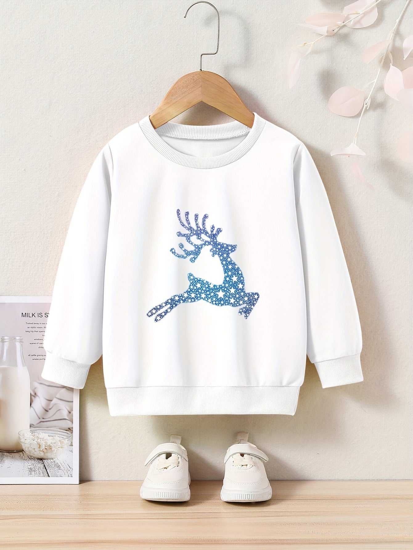 Cartoon Deer Pattern Crew Neck Long Sleeve Sweatshirt for Girls Kids