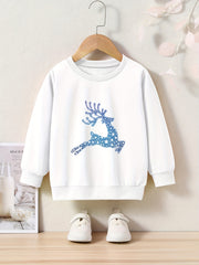 Cartoon Deer Pattern Crew Neck Long Sleeve Sweatshirt for Girls Kids