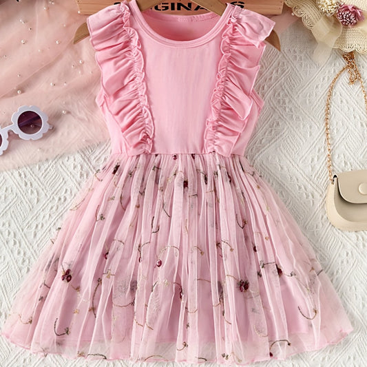 Girls Floral Print Lace Mesh Dress Kids Summer Clothing