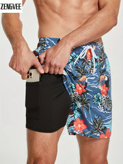 Men's 2 in 1 Sports Shorts, Fish & Floral Pattern, Gym Workout