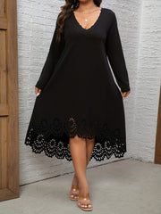 Solid Laser Cut V Neck Floral Dress