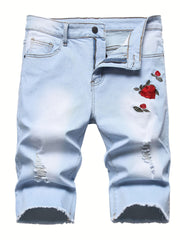 Floral Embroidery Denim Shorts Men's Casual Street Style
