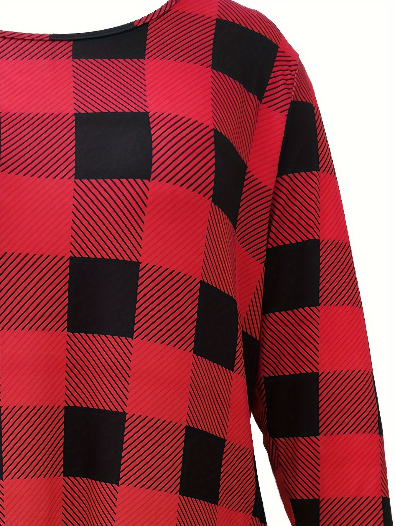 Women's Plus Gingham Print Long Sleeve Dress w/ Pockets