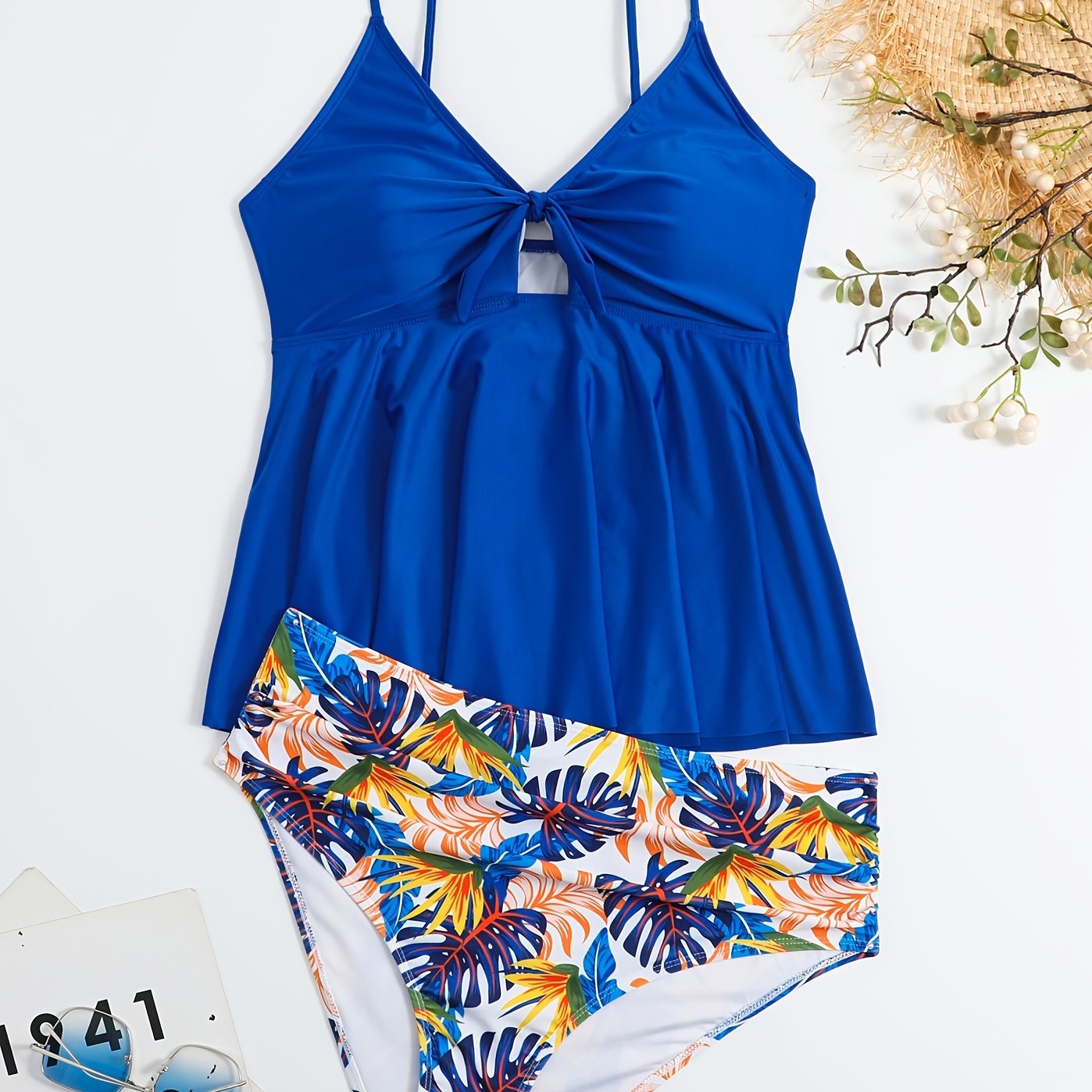 Colorblock Tropical Print Cut Out Bikini Set Women's Plus