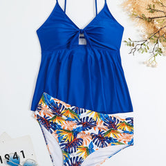 Colorblock Tropical Print Cut Out Bikini Set Women's Plus