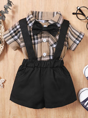 2pcs Baby Boys Plaid Bowtie Shirt & Suspender Shorts Gentleman Outfit