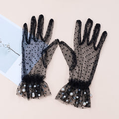 Faux Pearl Decor Mesh Short Gloves For Wedding Bridal