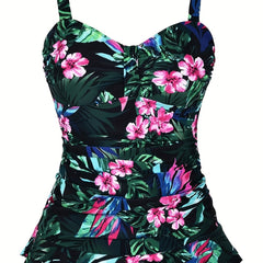 Tropical Print Tankini Set with Ruffle Trim Cami Top & Bottoms