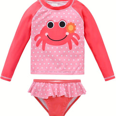 2pcs Girls Crab Print Long Sleeve Swimsuit for Beach and Pool Fun