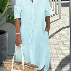 Button Up Roll Up Sleeve Shirt Dress With Pockets