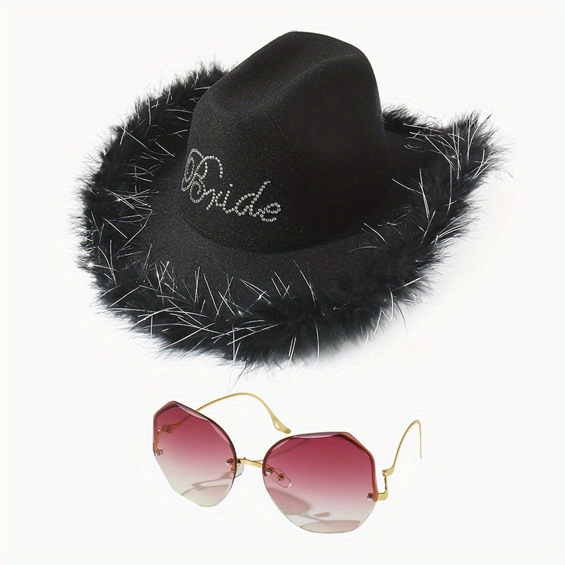 2pc Y2K Cowgirl Jazz Fedora Cap & Sunglasses Set, Musical Feather Hat
