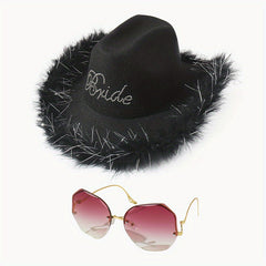 2pc Y2K Cowgirl Jazz Fedora Cap & Sunglasses Set, Musical Feather Hat