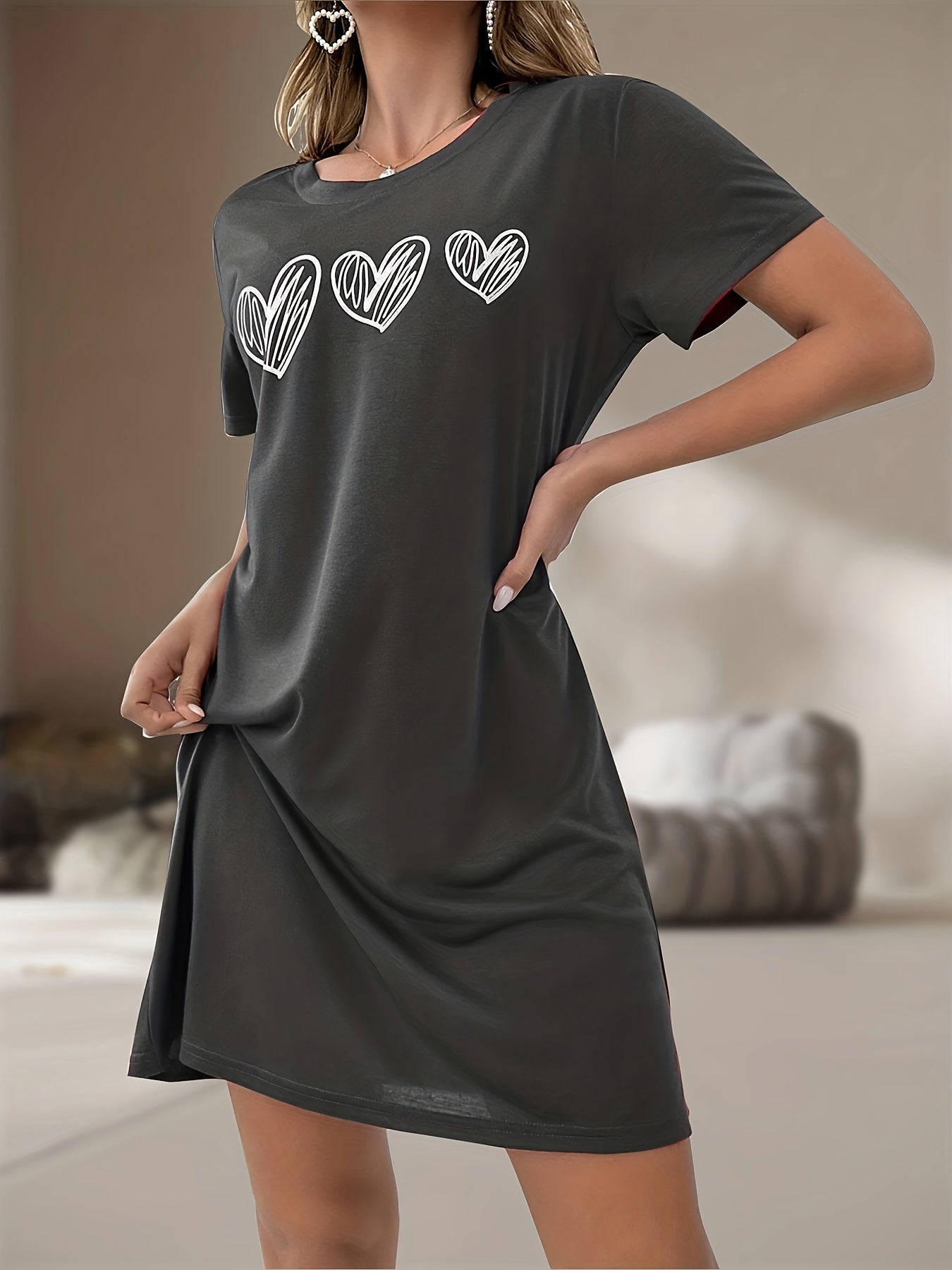 Heart Print Short Sleeve T-shirt Sleep Dress