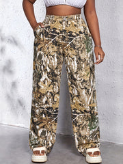 Plus Leaf Print High Rise Wide Leg Cargo Jeans With Pockets