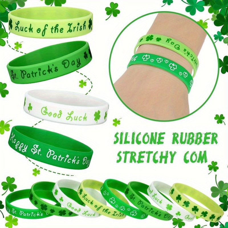 12pcs St Patrick's Rubber Wristbands - Lucky Shamrock Bracelets