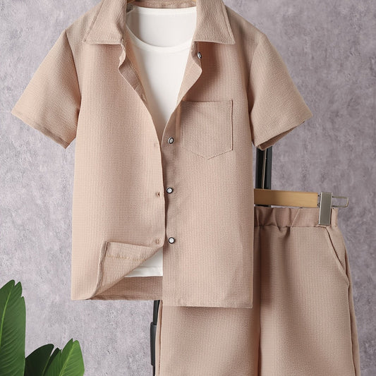 Boy's Solid 2pcs Shirt & Shorts Set Casual Outfits for Summer