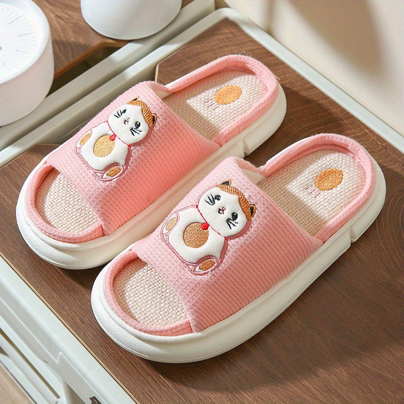 Women's Animal Printed Slippers Open Toe Non-Slip Linen Slide Shoes