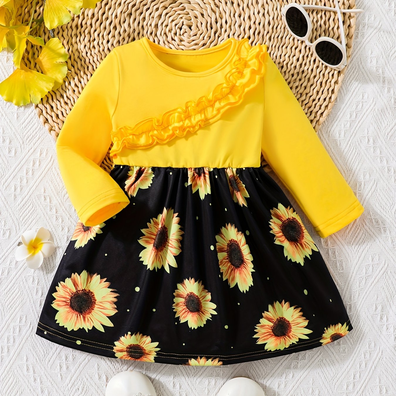 Baby Girls Ruffle Trim Flower Print Dress Long Sleeve Sundress