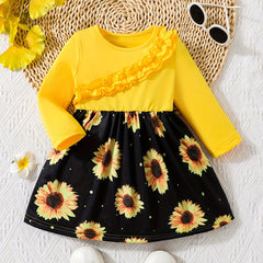 Baby Girls Ruffle Trim Flower Print Dress Long Sleeve Sundress