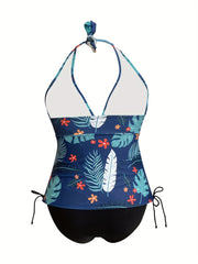 Tropical Print Plus Size Tankini Set - Halter Neck Knot Top & Shorts