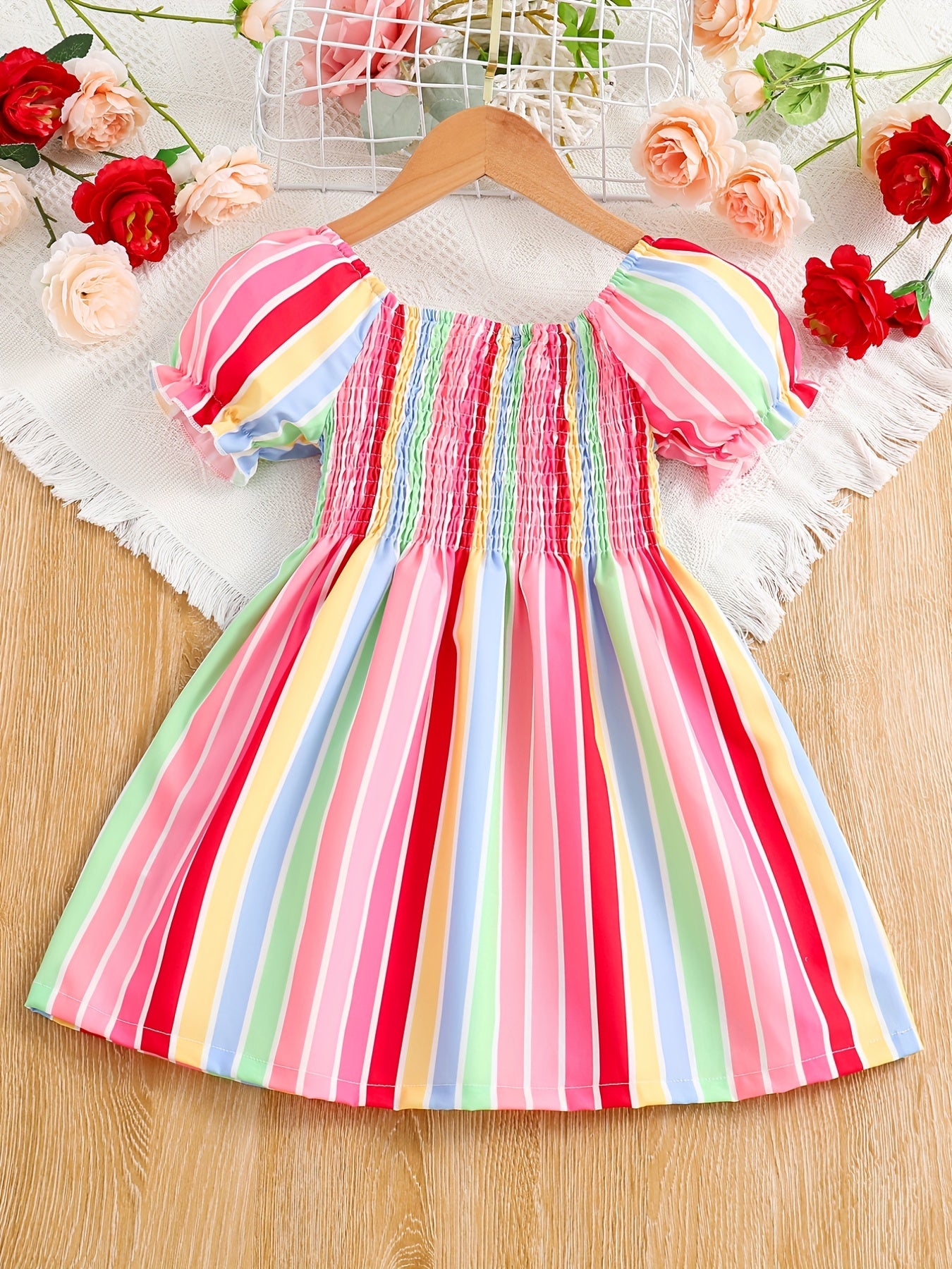 Girls Short Bubble Sleeve Block Shirred Dress Kids Summer Clothes