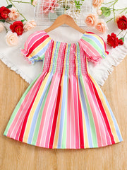 Girls Short Bubble Sleeve Block Shirred Dress Kids Summer Clothes