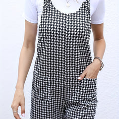 Houndstooth Print Dual Pockets Romper Jumpsuit