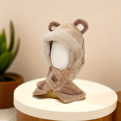 2 In 1 Hooded Cap Scarf Winter Scarf Bear Furry Hat Scarf