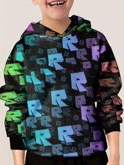 Colorful R Allover Print Hoodie For Kids Casual Pullover Hooded Long Sleeve Top