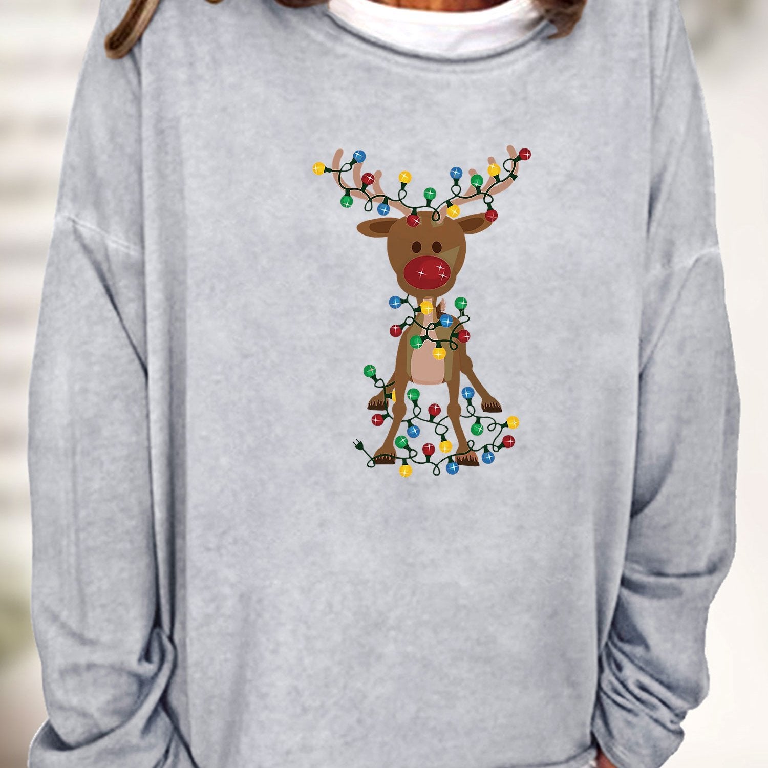 Christmas Elk Print Sweatshirt Long Sleeve Crew Neck Women's Clothing